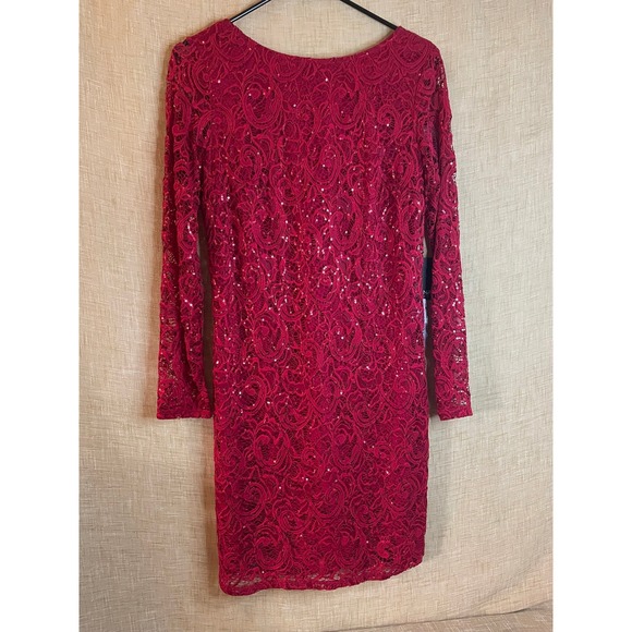 Marina Size 8 Sequin Lace‎ Cocktail Dress Long Sleeve Party Red Bodycon - Picture 1 of 10